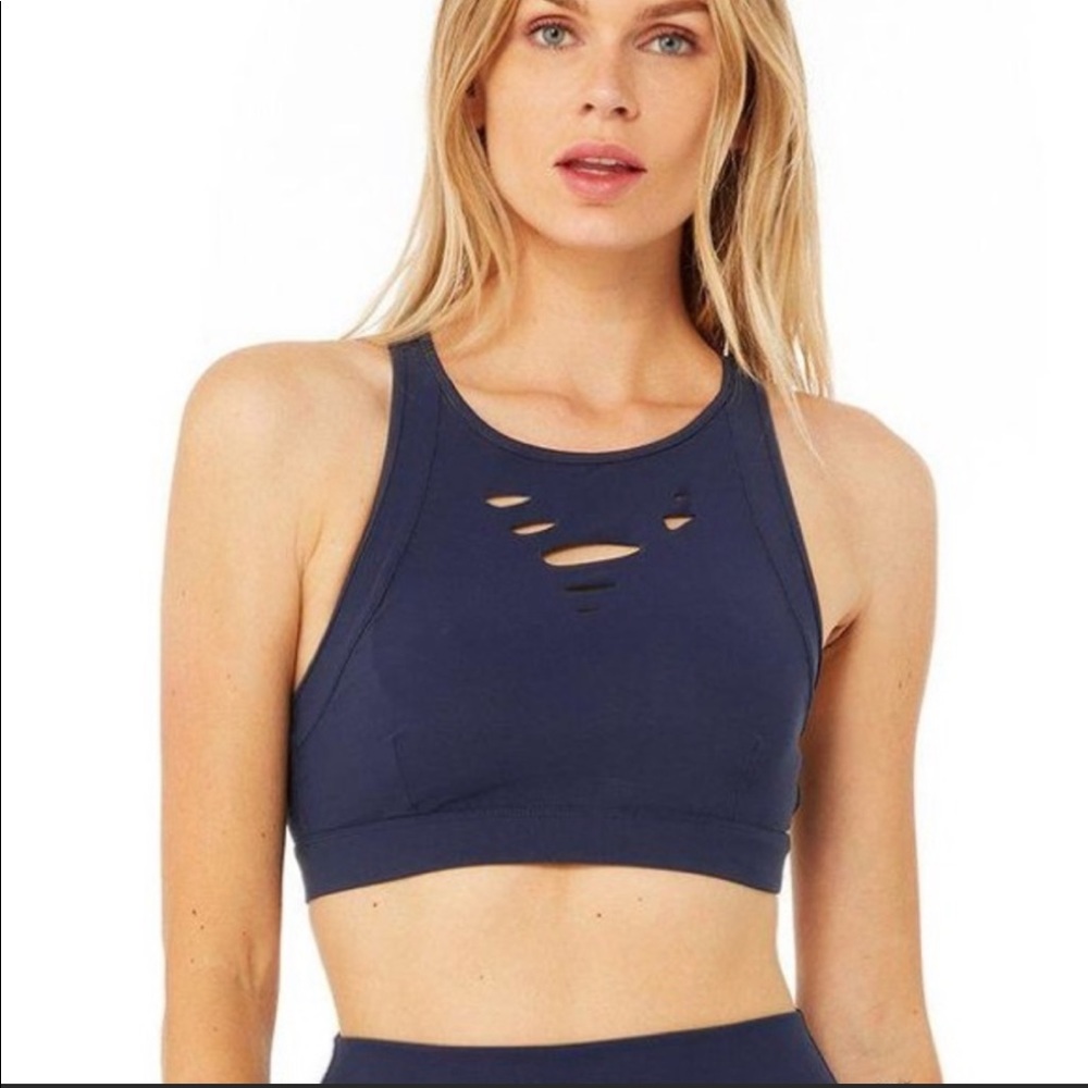 ALO Rich Navy High-Waist Airlift Legging + Ripped Warrior Bra Set